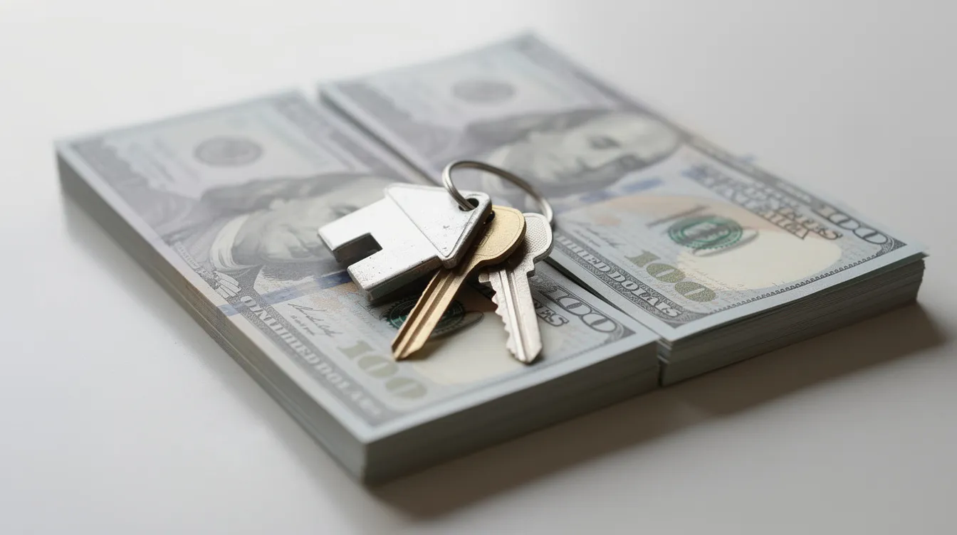 The image features a set of house keys resting on a neatly stacked pile of US dollar bills, symbolizing the financial aspects of real estate investing, including hard money loans and the purchase price of investment properties. This visual representation highlights the connection between cash flow and securing funding through private lenders for renovation projects.