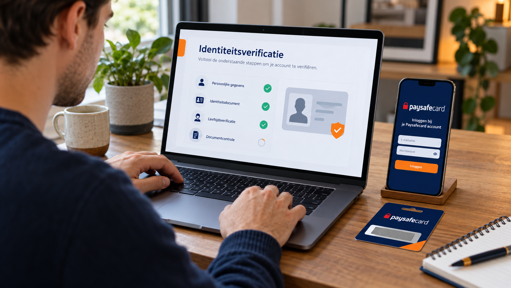 Speler doorloopt identiteitsverificatie op een laptop naast een Paysafecard-inlogscherm.