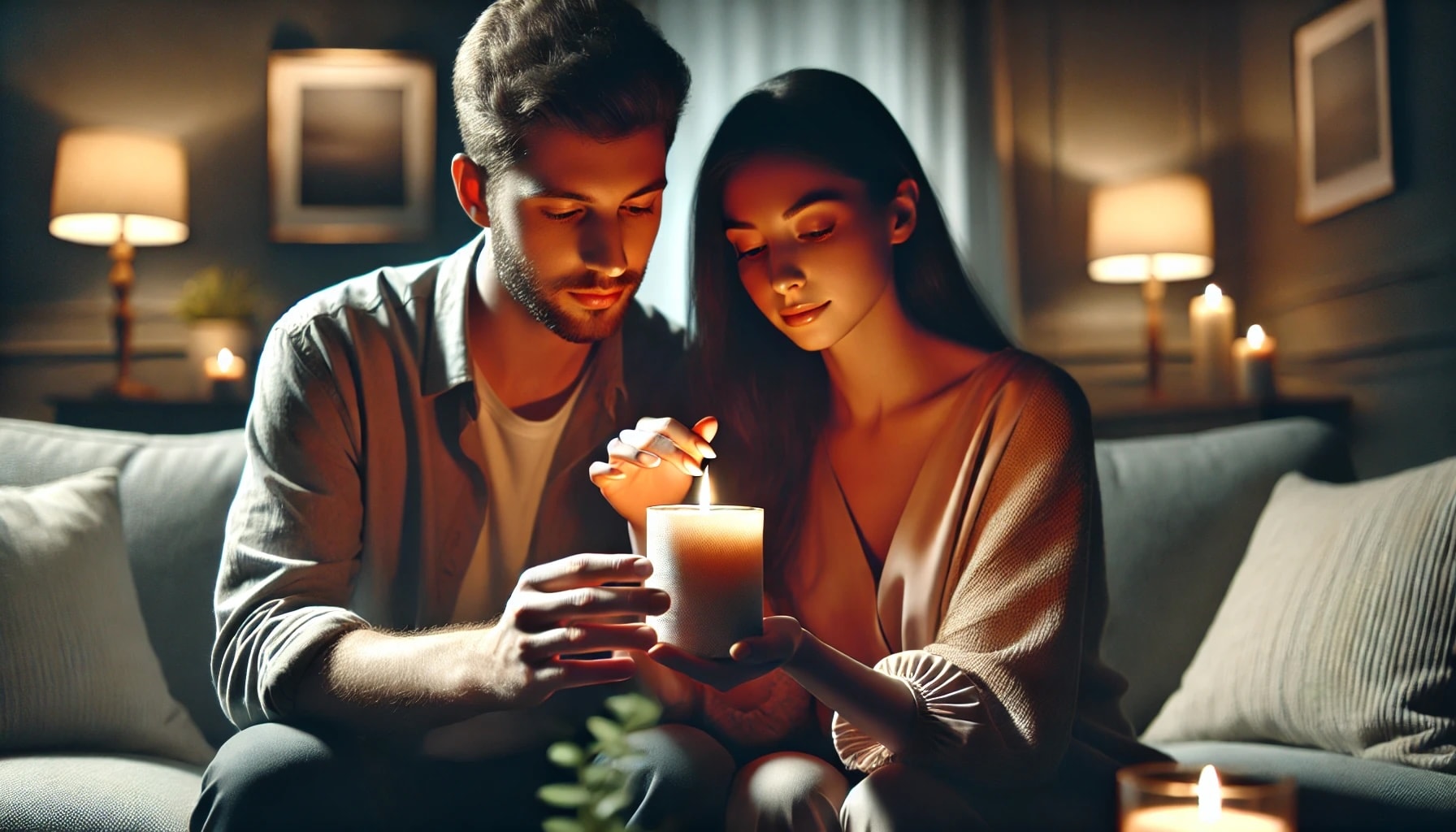 a couple lighting a candle together 