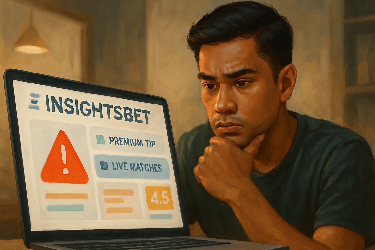 Young Southeast Asian man analyzing betting odds and red flag alerts on InsightsBet new social platform in a dimly lit room