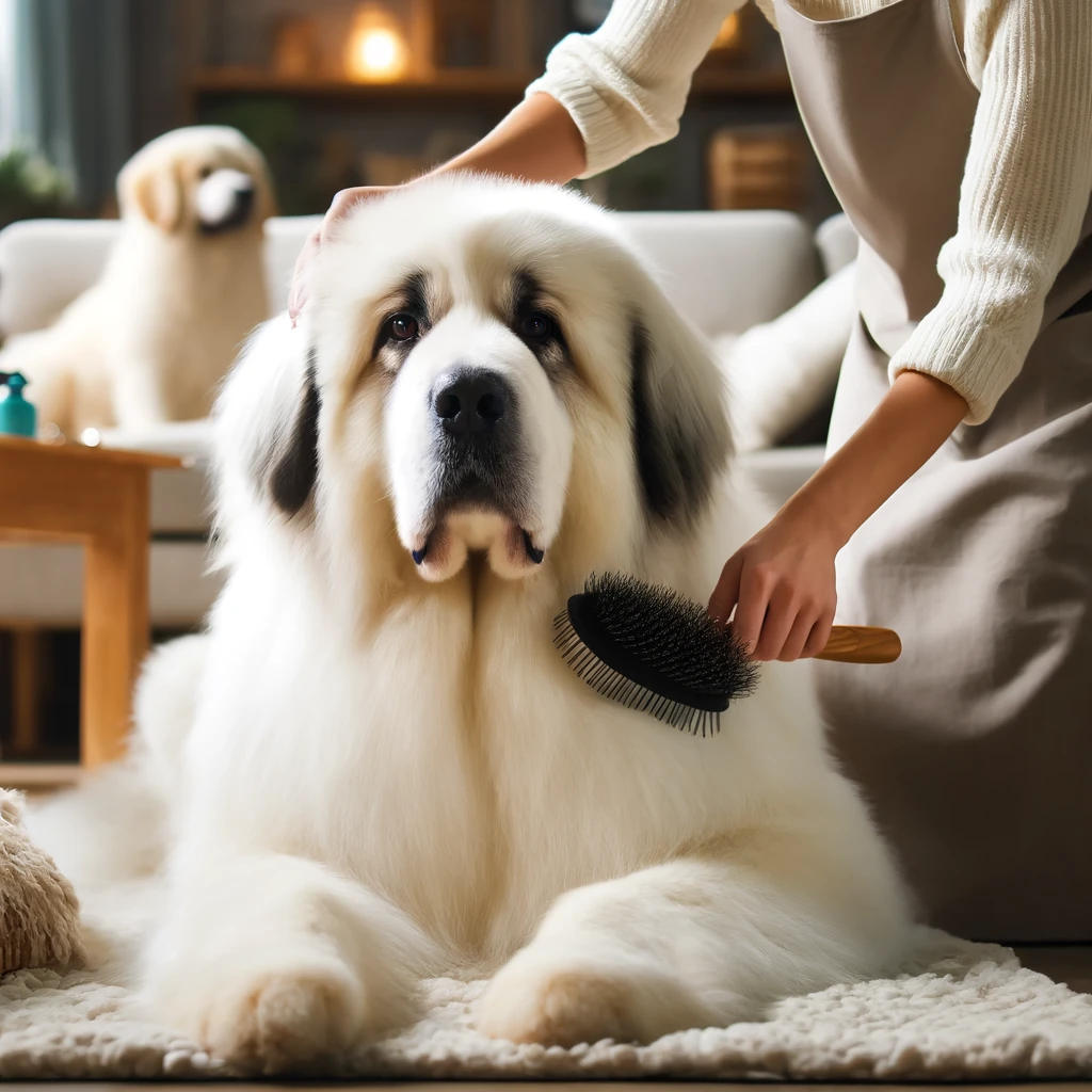 A Pyrenean Mastiff getting its coat brushed