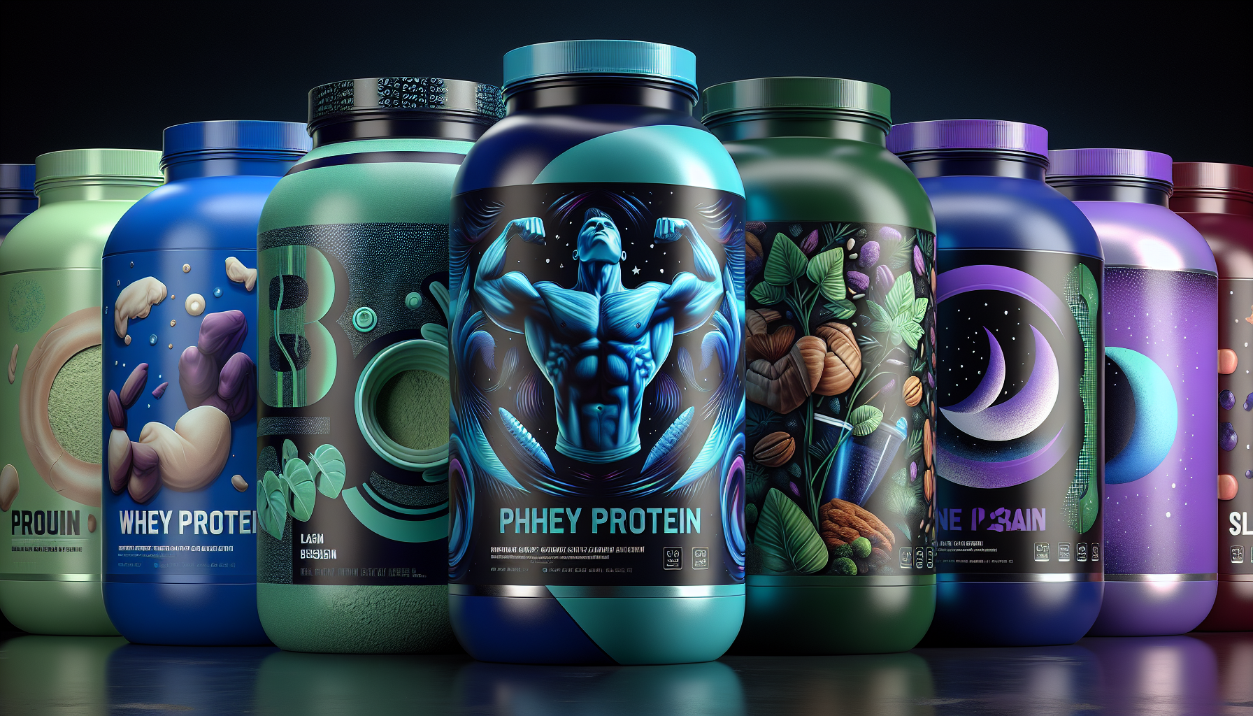 Various types of protein powders in colorful packaging