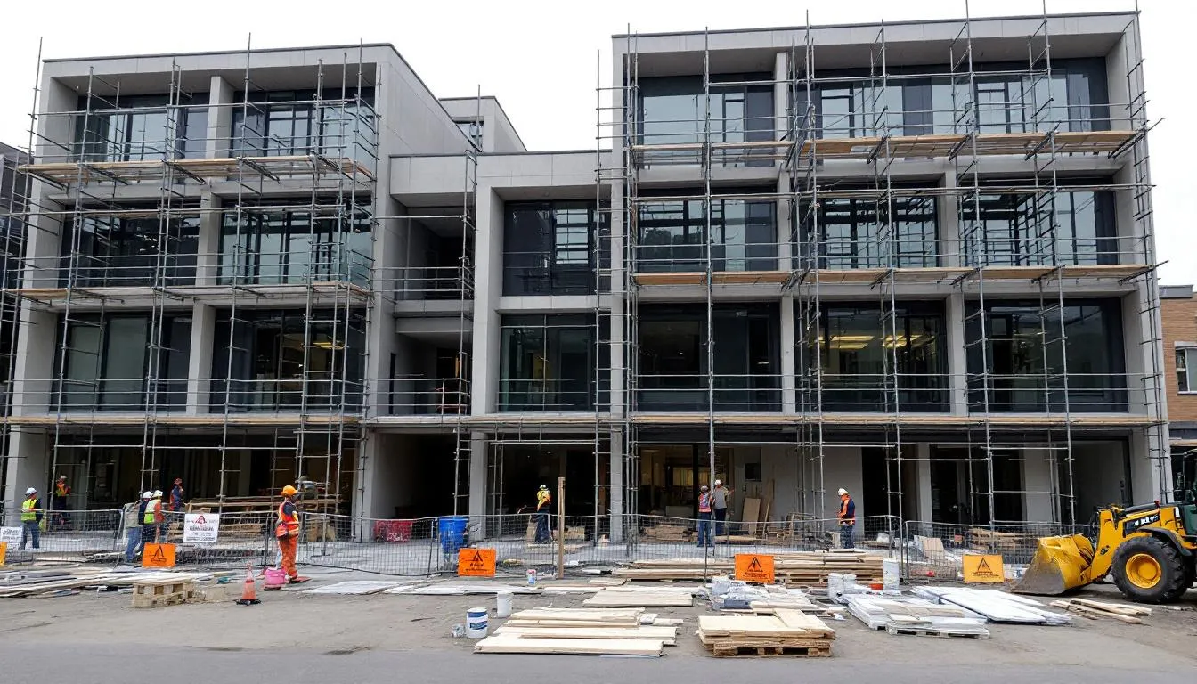 Een modern wooncomplex ondergaat renovatie, met steigers en bouwmaterialen zichtbaar rondom het gebouw. Deze werkzaamheden zijn onderdeel van een groter proces van procesondersteuning opschaling renovatieprojecten, gericht op collectieve verduurzaming en energiebesparende isolatiemaatregelen.