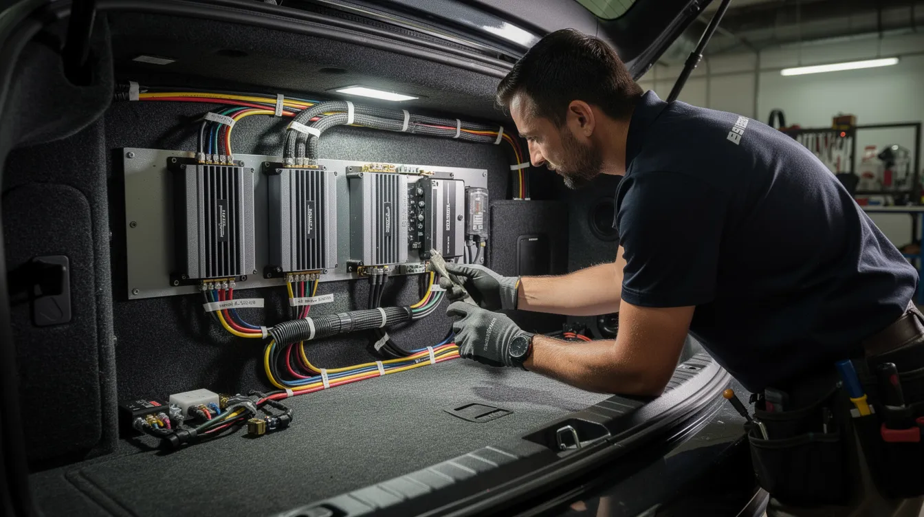 A technician is inspecting the amplifier wiring connections in a vehicle trunk, ensuring that the speaker wires are properly connected and checking for any potential issues that could cause the amp to run hot while playing music. The focus is on maintaining optimal thermal protection and efficiency for the car audio system.