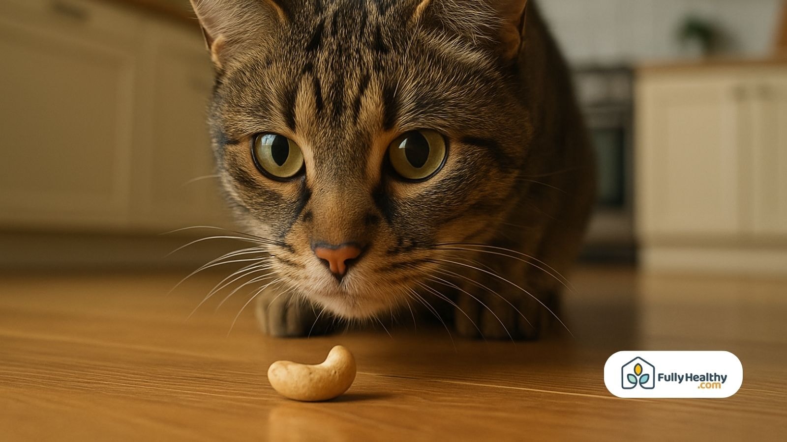 Close-up of cat staring at single cashew on kitchen floor