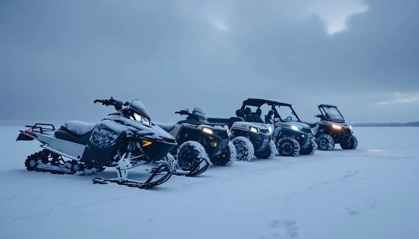 A lineup of snowmobiles, ATVs, and UTVs is parked in a snowy landscape, appearing unable to start in the cold weather. The scene highlights the challenges of cold temperatures on car batteries, as they often struggle to generate electricity and can lead to dead batteries in freezing conditions.