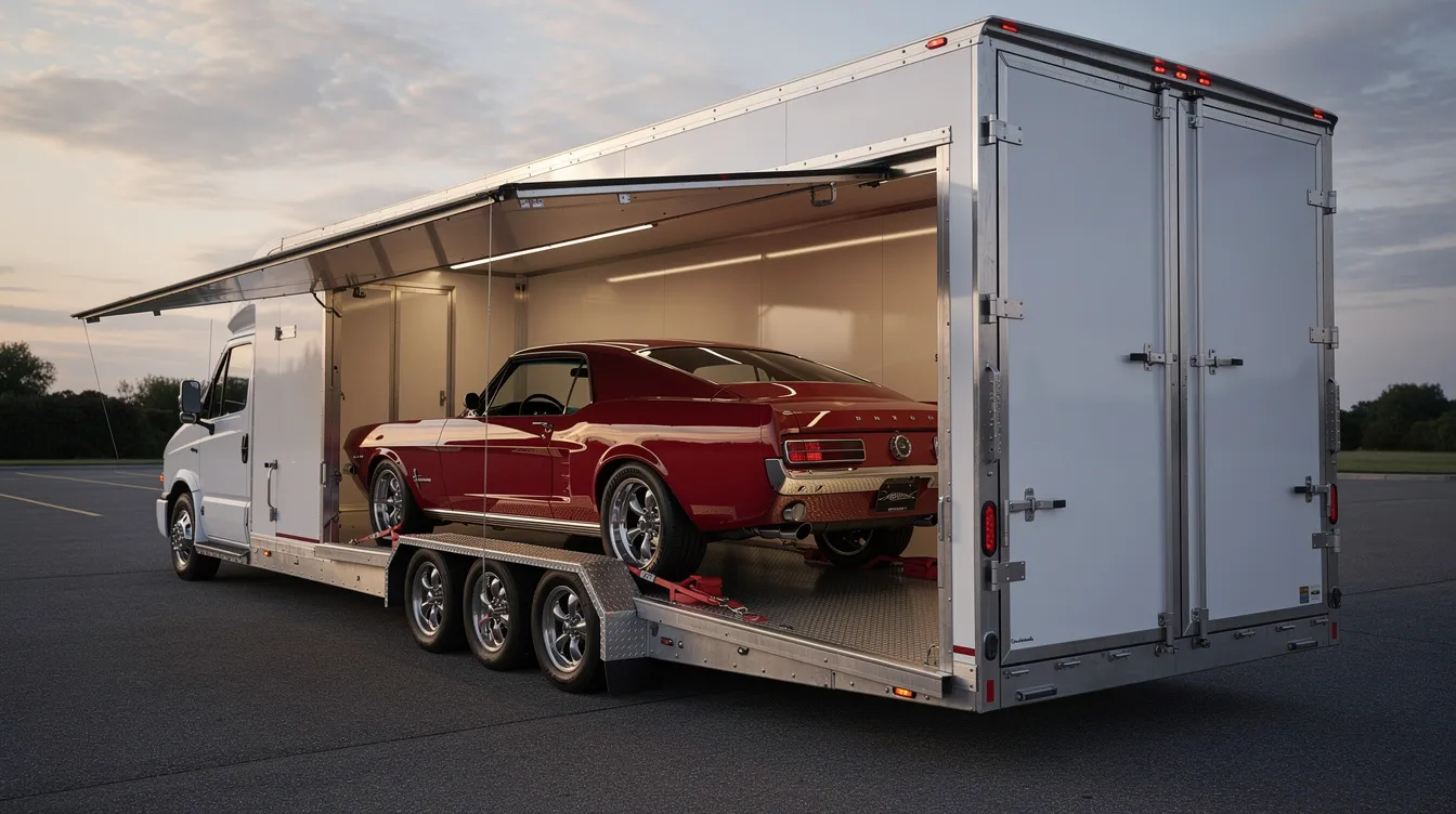 An enclosed auto transport trailer features a classic car partially visible through an open door, showcasing the secure and protected environment typical of enclosed car shipping services. This image highlights the care taken in vehicle transportation, especially for valuable classic vehicles, ensuring they arrive safely at their destination.