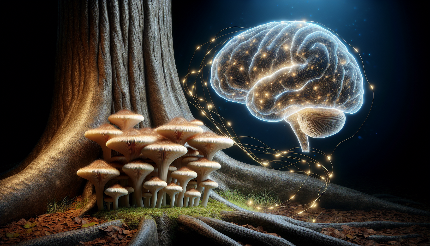 Lion's Mane mushrooms and brain illustration