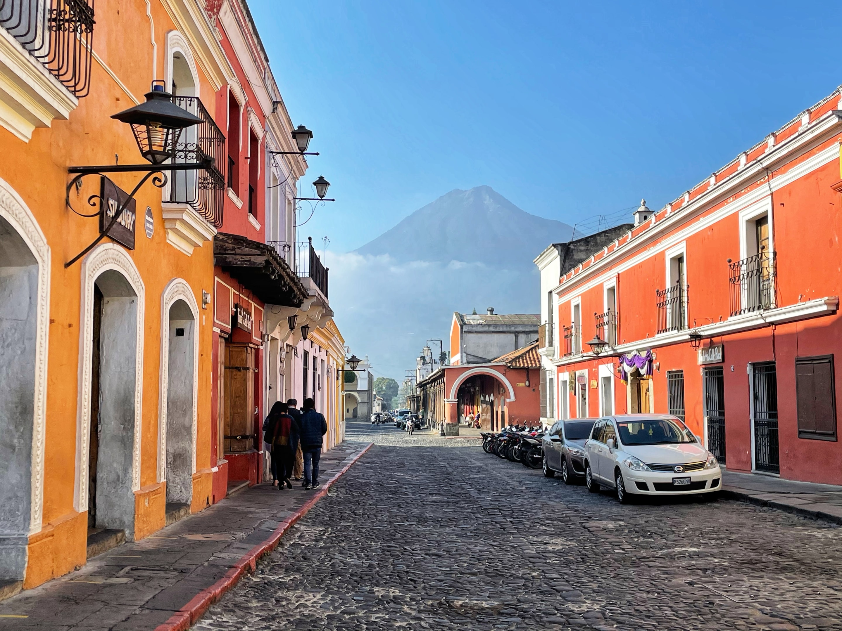 The cobblestone streets and colorful buildings of Antigua, Guatemala 