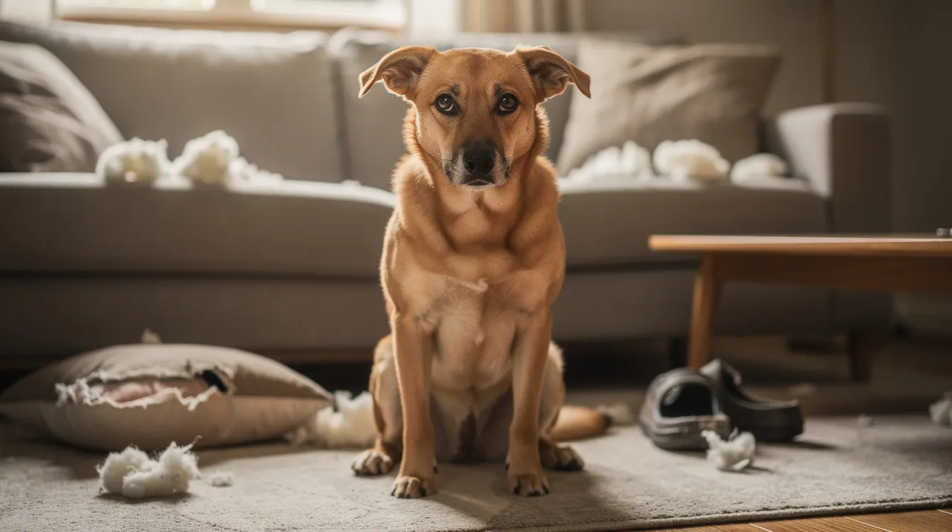 The image depicts a dog with its head lowered and ears back, displaying a classic "guilty look" after having chewed on a shoe. The dog's facial expressions and body language suggest feelings of remorse as it avoids eye contact, hinting at an understanding of its unwanted behavior and the negative consequences it may face from its owner.