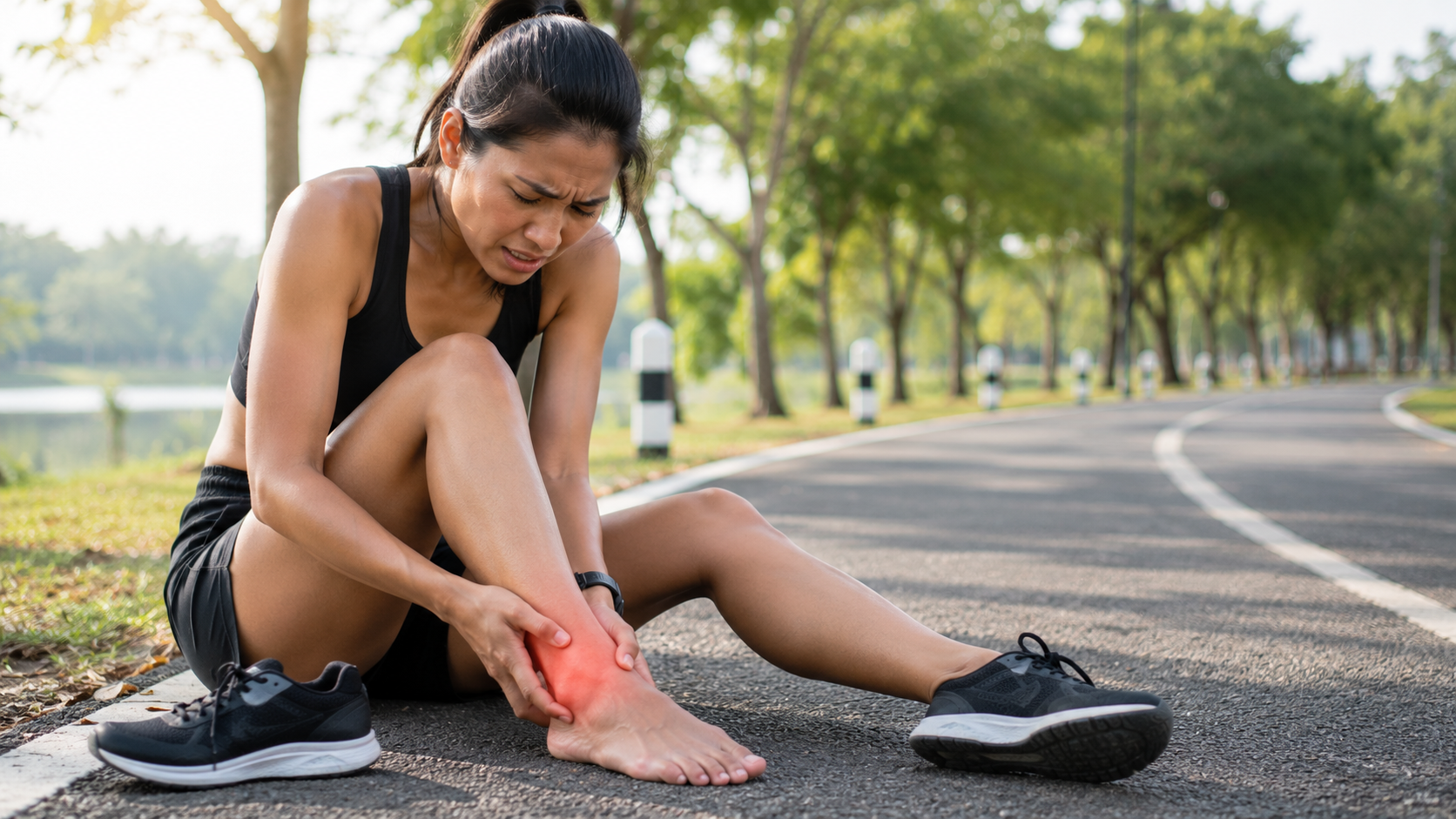 Runner sitting on a park trail holding a painful ankle after a long run
