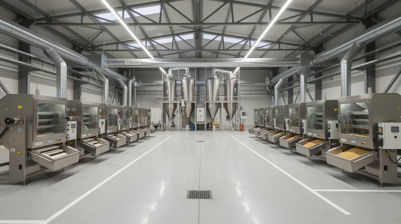 The image depicts the interior of a modern grain processing facility, showcasing rows of specialized machinery designed for cleaning and sorting various food grains such as wheat, rice, and pulses. This high-efficiency operation utilizes devices like screw conveyors and indented cylinders to remove impurities and foreign materials, ensuring high grading quality for the manufacturing of added products.