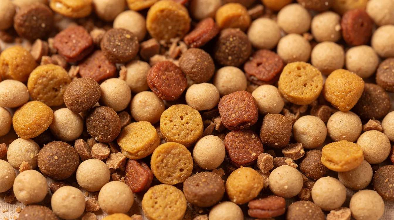 The image shows a close-up of various dry pet food kibbles in different sizes and colors, highlighting the diversity in dog food and cat food formulations. This assortment reflects the nutritional needs of pets, emphasizing the importance of a balanced diet for healthy dogs and cats.