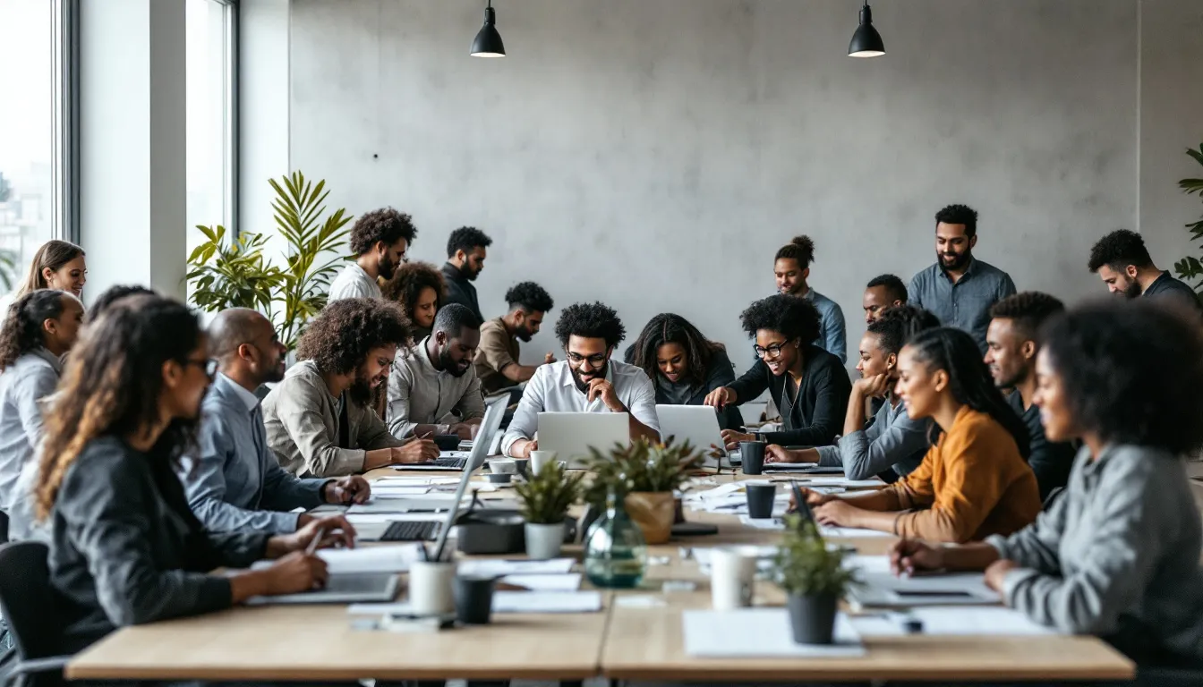 Wizualizacja przedstawiająca różnorodne agencje reklamowe w akcji.