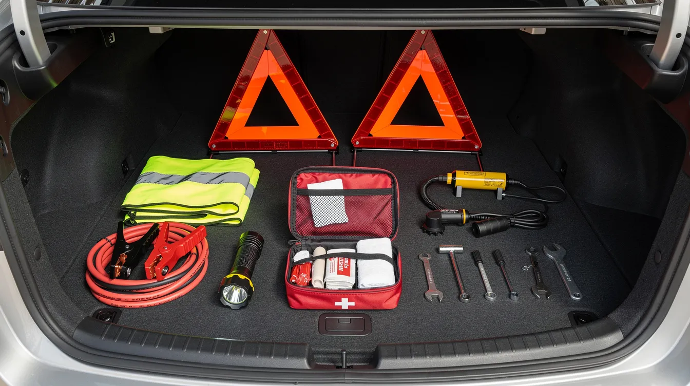An emergency roadside kit is displayed in a car trunk, featuring essential items such as a flashlight, first aid supplies, reflective triangles, and jumper cables. This kit is crucial for summer road trips, ensuring you are prepared for unexpected situations while traveling.
