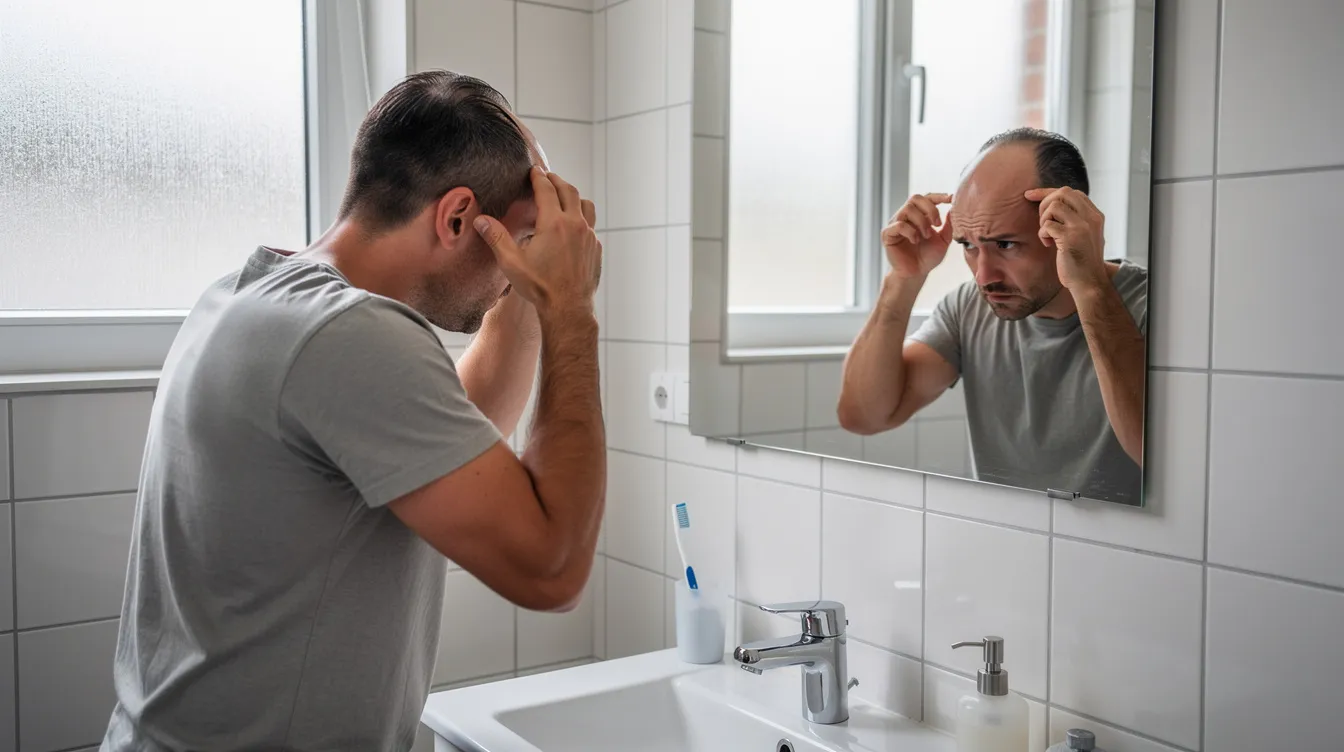 A man is standing in front of a bathroom mirror, examining his hairline under natural lighting. He appears to be concerned about thinning hair and a receding hairline, reflecting on his options for hairstyles for balding men.