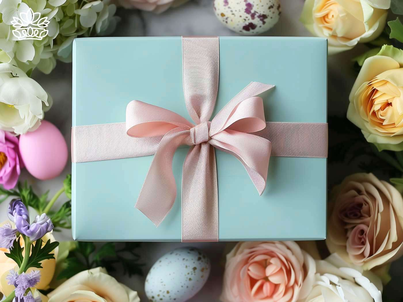 Elegant Easter gift box tied with a soft pink ribbon, surrounded by Easter eggs and flowers, reflecting the spirit of Easter week and the celebration of Jesus Christ, from the Easter Flowers Collection by Fabulous Flowers and Gifts.