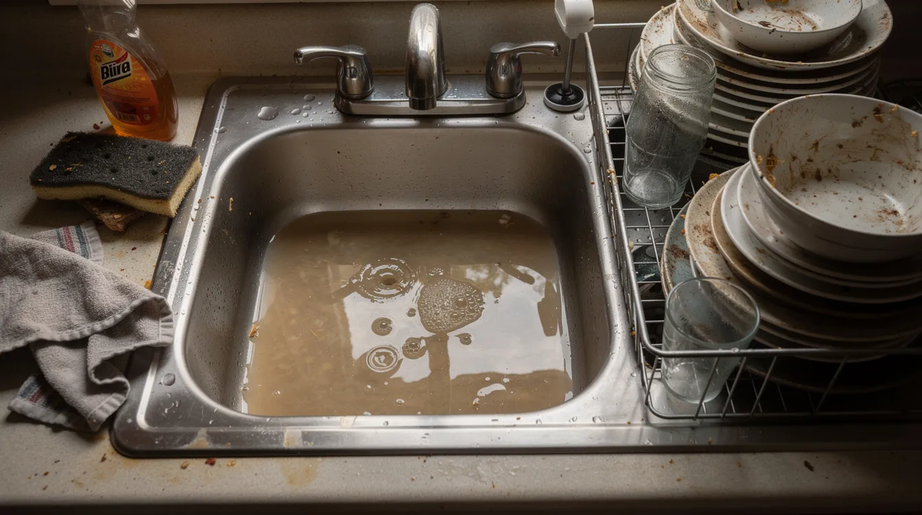 The image depicts a kitchen sink filled with murky, cloudy water that won't drain, indicating clogged drains, while dishes are stacked beside it. This scene highlights the potential plumbing issues that can arise from food scraps and other debris accumulating in the drain.