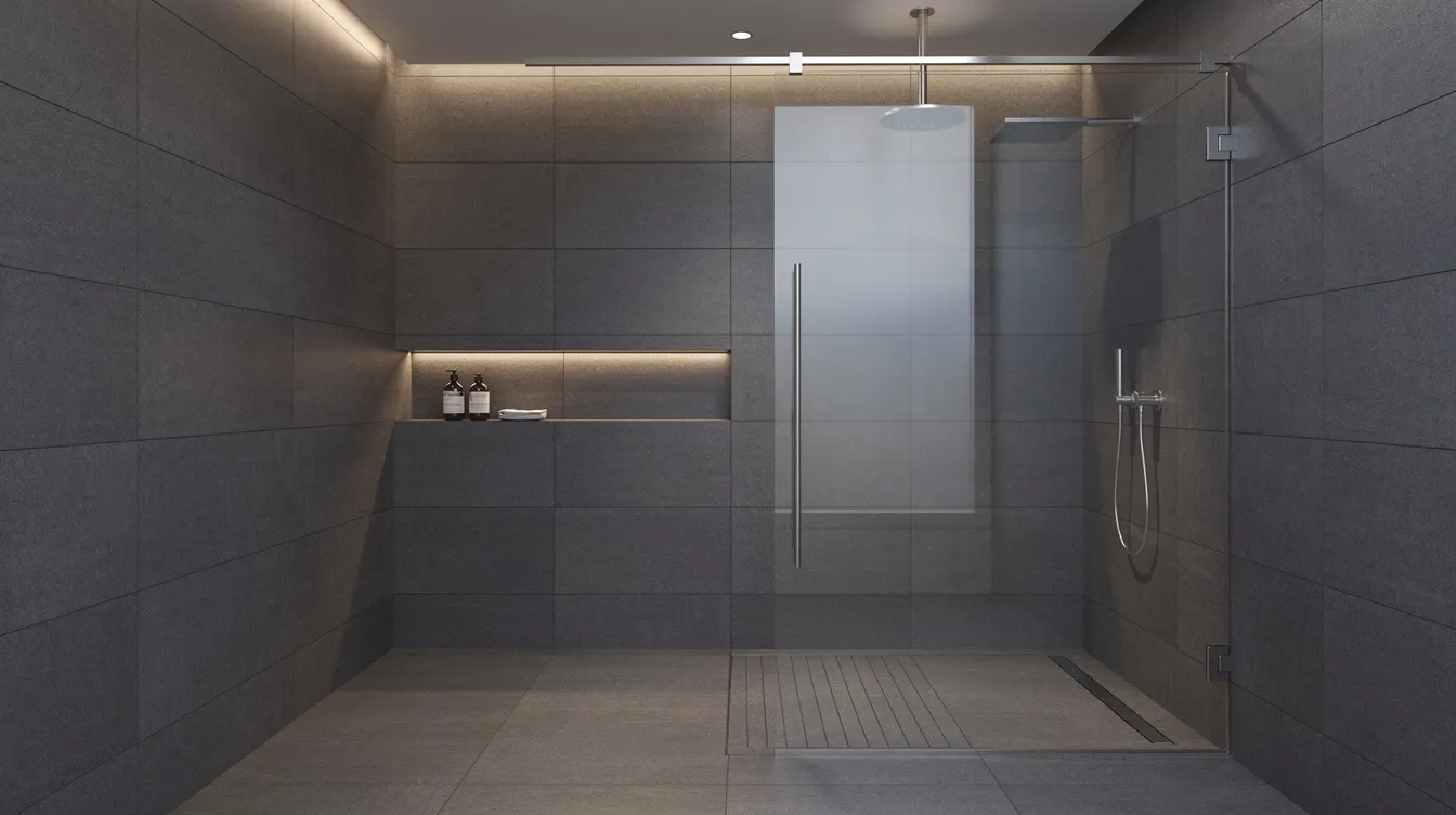 Cette image montre une douche à l'italienne moderne, avec un carrelage grand format gris anthracite. On peut y voir une niche éclairée intégrée dans le mur et une paroi vitrée, créant un espace élégant et fonctionnel dans la salle de bain.