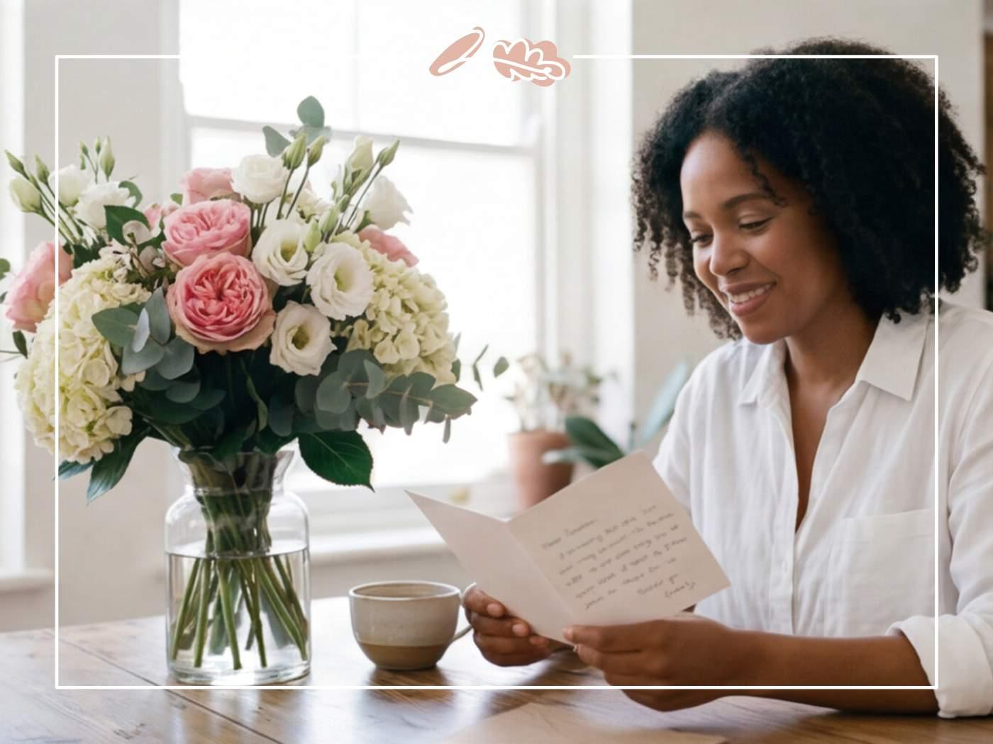 Wife reading a handwritten anniversary message from her husband, fresh anniversary bouquet of pink garden roses on the table