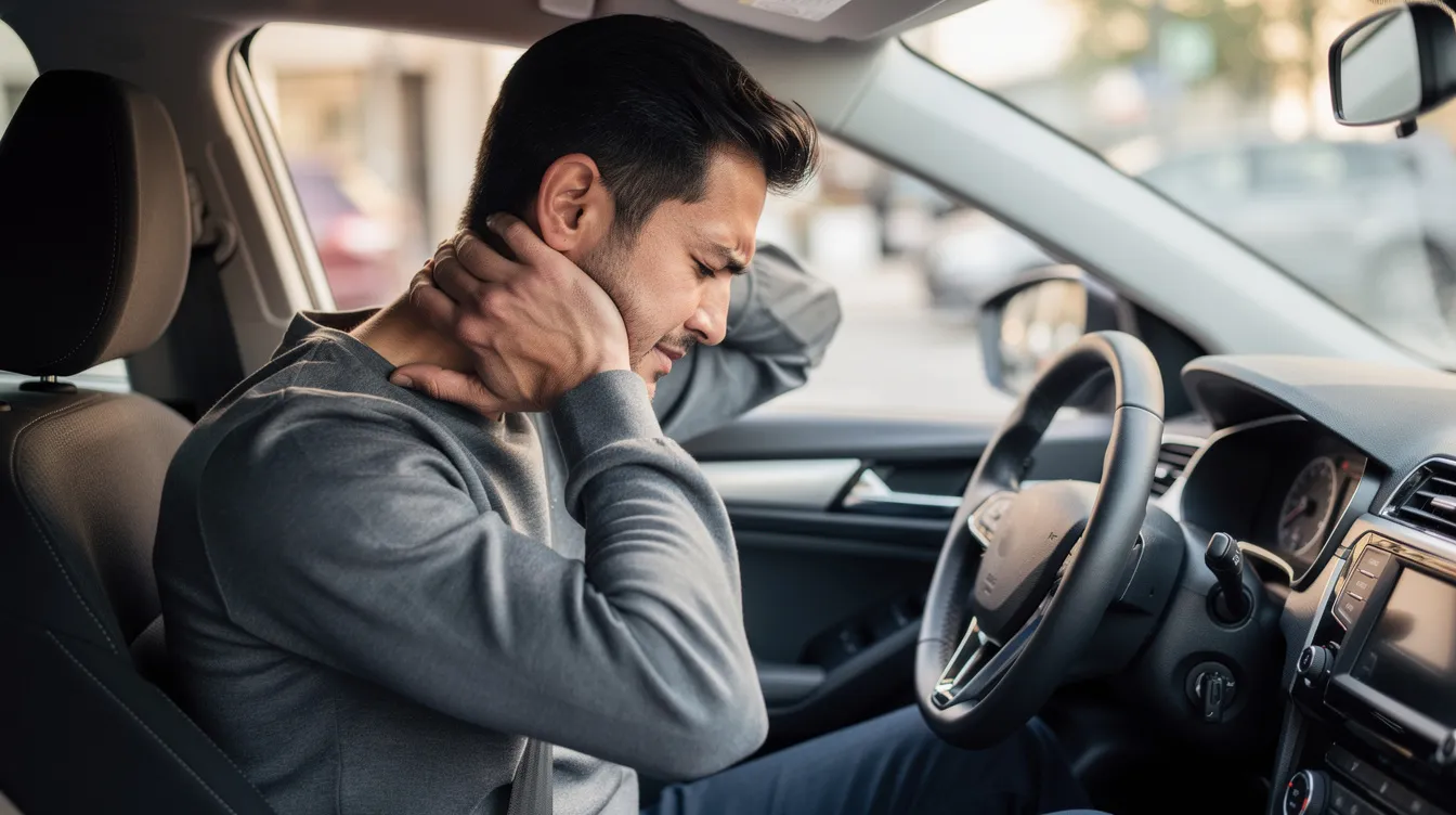 The image shows a person sitting in a car, visibly distressed as they hold the back of their neck, likely experiencing neck pain from a recent car accident. This scene reflects the serious injuries that can result from motor vehicle accidents, including potential whiplash and other common car accident injuries.