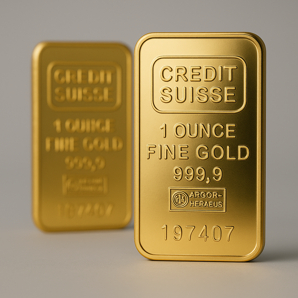 Aukso luitai su Credit Suisse įspaudu ant kuriuo matosi aukso svoris, 1 ounce, praba 999,9 ir serijos numeriai