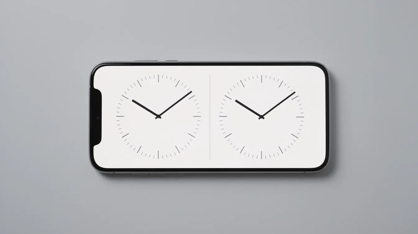 The image displays a smartphone screen featuring two analogue clock faces side by side, set against a minimalist background. This visual representation highlights the time difference between the United Kingdom and India, useful for scheduling conference calls across different time zones.