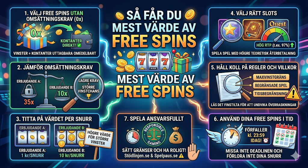 Freespins guide – så får du mest värde av freespins utan omsättningskrav, jämför freespins och lär dig regler och villkor på online casino