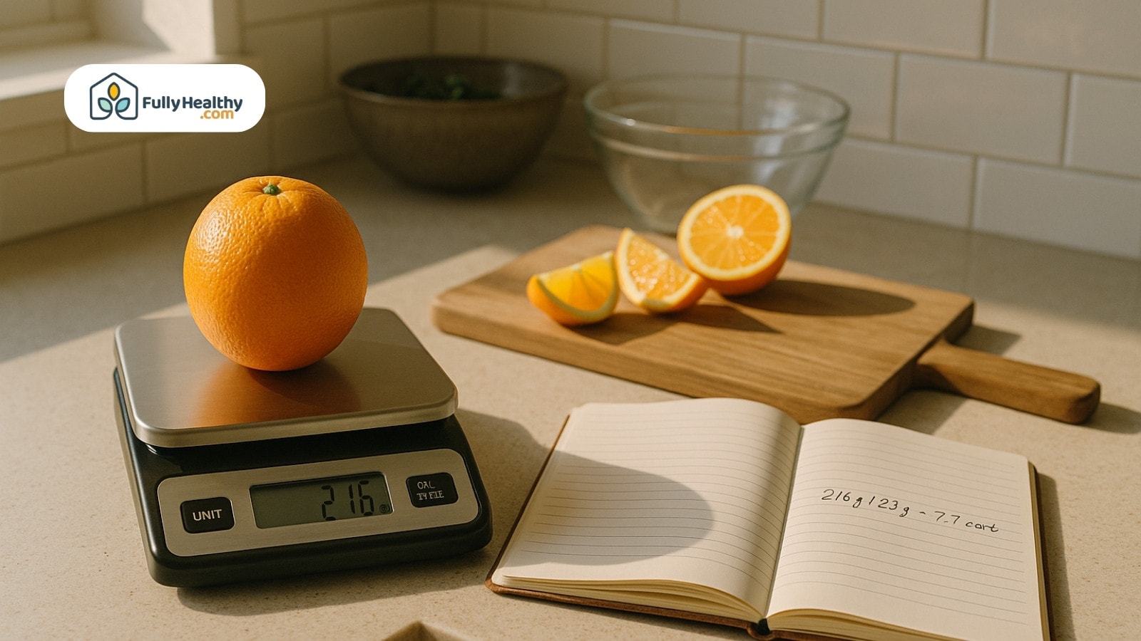 Orange on kitchen scale with sliced orange and notes tracking carbs on counter