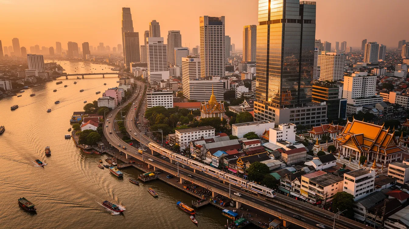Imagem de Bangkok, Tailândia, destacando o Grand Palace, um dos principais pontos turísticos da cidade. Ao fundo, é possível ver arranha-céus e templos, enquanto as ruas estão cheias de pessoas e lojas, refletindo a vibrante cultura e comércio da capital tailandesa.