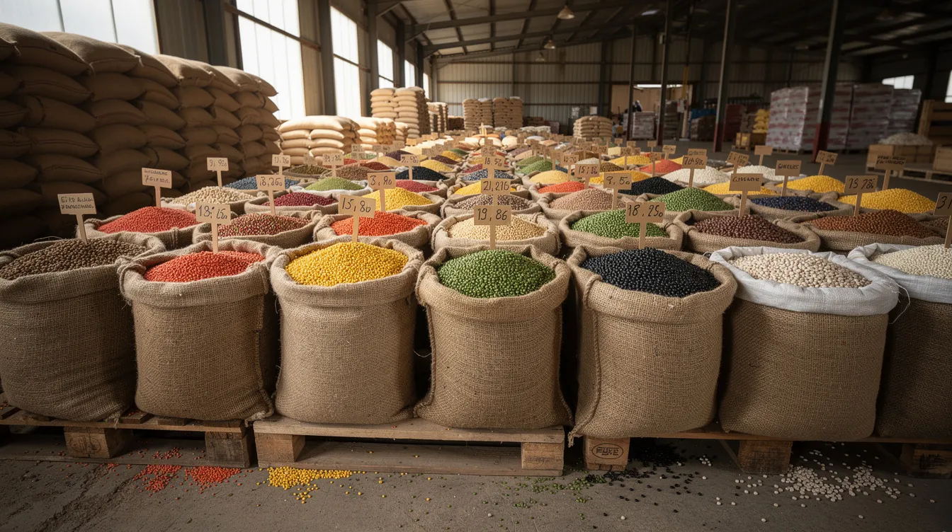 0348b266 3e90 4008 97e5 7b4e57dfa9e7 The image depicts stacks of colorful lentils and pulses stored in burlap sacks at a grain market warehouse, showcasing the variety of raw materials essential for dal mill businesses. This vibrant display highlights the increasing demand for processed pulses and the operational efficiency required in the dal mill machine market.