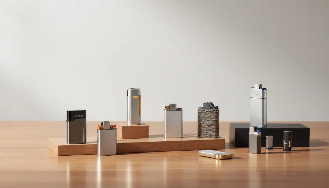A collection of various Vertigo lighters displayed on a table.