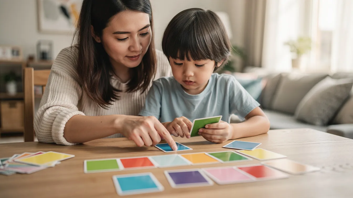 A parent and child are seated together at a table, engaging in the learning process by working through a problem using colorful cards, which encourages active learning strategies and enhances critical thinking skills. This hands-on experience fosters emotional support and helps children develop problem-solving skills while maintaining focus.