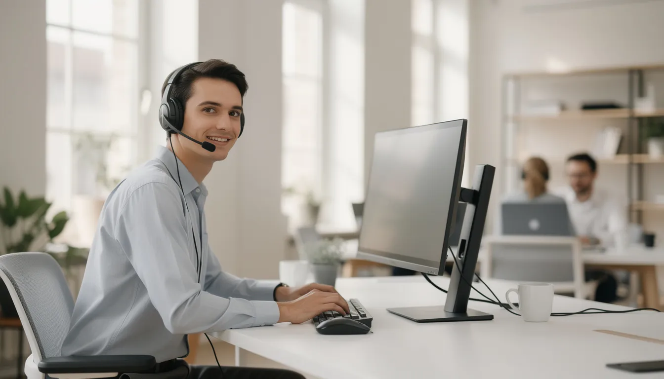 En kundtjänstrepresentant med headset sitter vid en dator och är beredd att hjälpa spelare med frågor om bonusar och kampanjer på Vegas Hero Casino. I bakgrunden syns en skärm som visar olika spel, inklusive slots och bordsspel som blackjack och roulette.