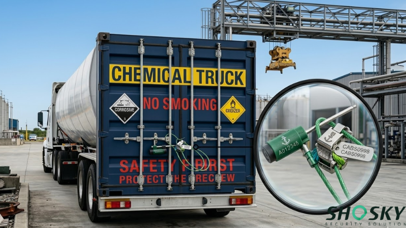 Security seals on a chemical transport truck with magnified serial details