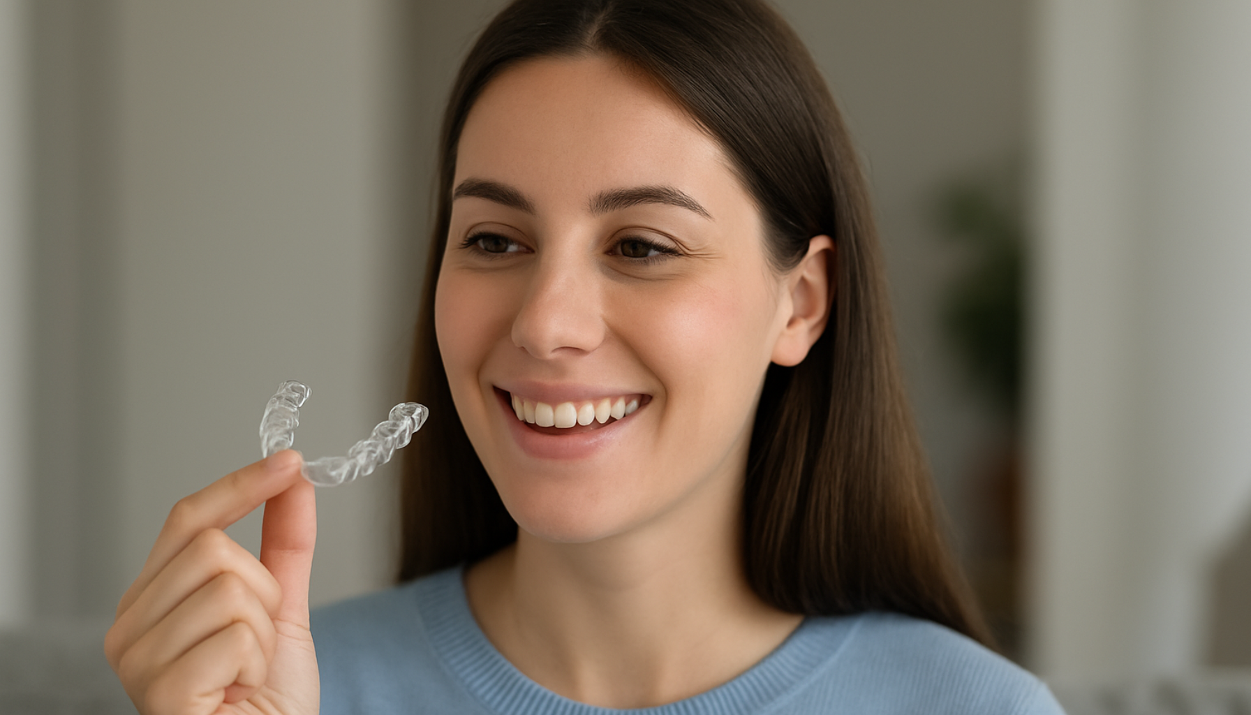 Ung kvinne smiler og holder en gjennomsiktig tannskinne i hånden som en moderne løsning for rette tenner hjemme. invisalign usynlig tannregulering behandling med invisalign invisalign behandling fordeler med invisalign invisalign skinner tennene dine rette tenner bruke invisalign dine tenner mellomrom mellom tennene usynlig regulering behandles med invisalign 22 timer per døgn hos tannlegen invisalign skinnene våre tannleger tennene lang tid gjennomsiktige skinner lenge må behandling holde tennene dersom du ønsker skanning av tennene avtagbare skinner nytt smil bruke skinnene tenner tannregulering dine behov under hele dypt bitt tennene står skinnene behandlingen bruker skinnene tennene flytter skinner endt behandling antall skinner gå videre behandlingen starter ønsket resultat tannlegen oppnå ønsket dine smil rette tradisjonell tannregulering regulering flytte tennene bruke mer ønsker hos tannlege konsultasjon viktig smilet gjennomsiktige våre under oppnå pasienter moderne brukes fordeler dag sikre tar bruk gjør nye bruker undersøkelse finnes koster mindre tannleger