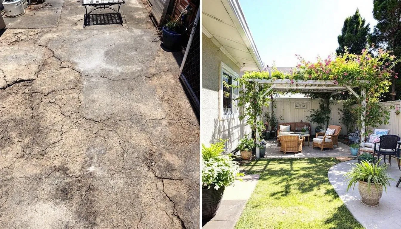 The image displays a before and after transformation of a patio, transitioning from an unusable, sun-scorched space to a modern, comfortable shaded outdoor room, perfect for enjoying the winds of summer. Over the course of a few months, this area has been revitalized into a welcoming retreat where one can choose to relax and unwind.