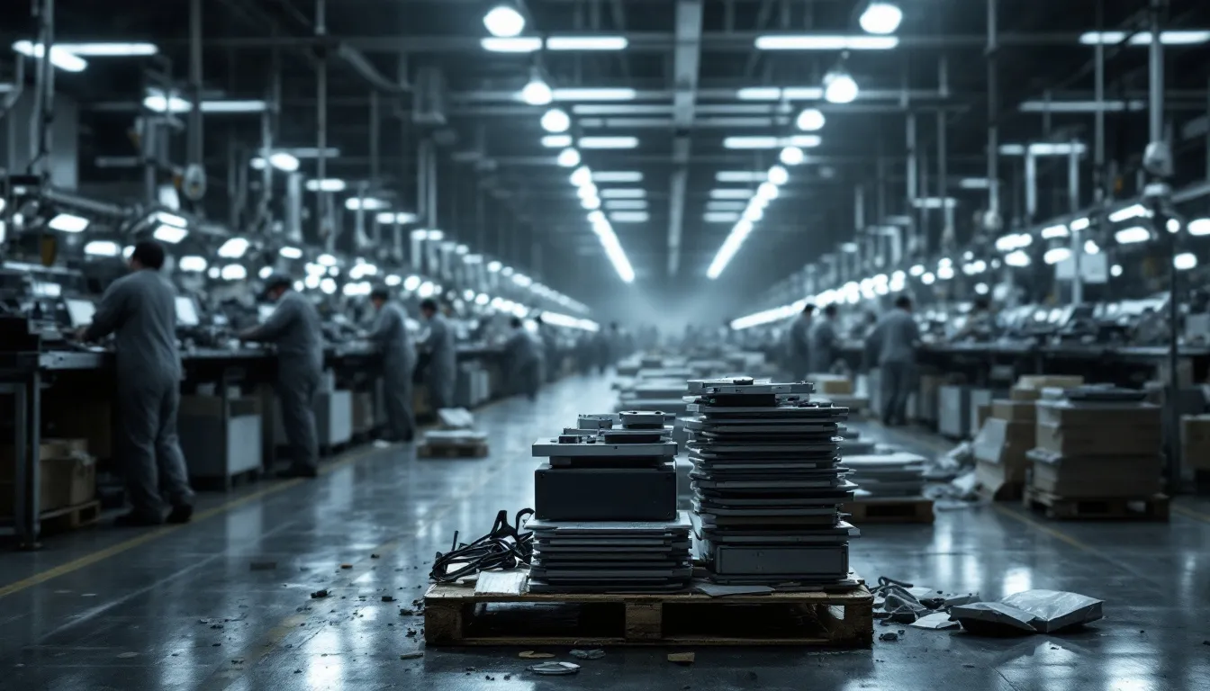 An image illustrating the disadvantages of batch manufacturing shows a production line where multiple batches are processed, highlighting issues such as employee downtime and increased manufacturing costs. The visual emphasizes the complexity of the batch production process compared to continuous production methods, with a focus on quality control challenges and the need for greater setup time for each batch.