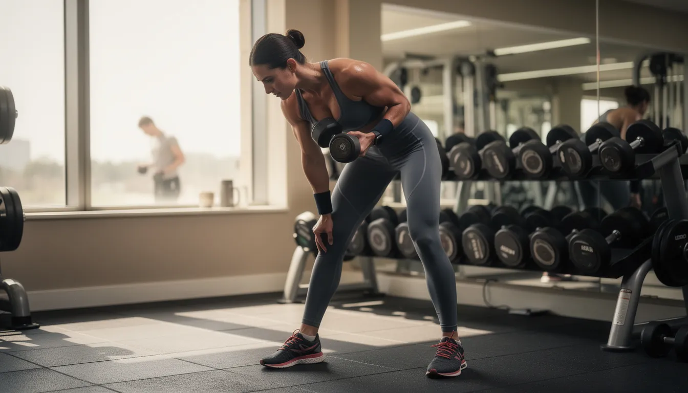 An athletic person is stretching after a workout in a gym, focusing on muscle recovery and promoting relaxation. Incorporating an infrared sauna session into their routine may enhance their wellness journey, providing health benefits such as improved circulation and pain relief.