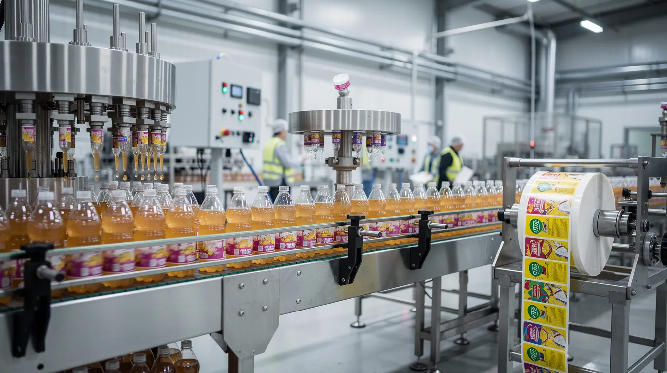 The image depicts an automatic bottle filling line within a beverage processing plant, showcasing advanced machinery for filling, capping, and labeling bottles. This efficient setup highlights the beverage manufacturing industry's focus on consistent product quality and operational efficiency to meet consumer demands.