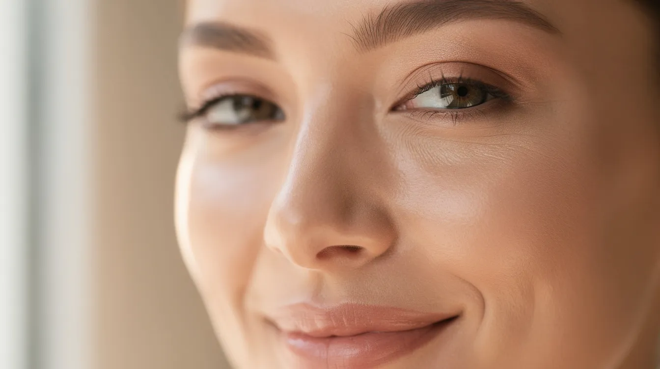 The image features a close-up of a relaxed woman's face, showcasing her smooth skin around the eyes and forehead, free from frown lines and dynamic wrinkles. The natural-looking results highlight her youthful appearance, suggesting the effects of non-surgical treatments such as Botox and dermal fillers.