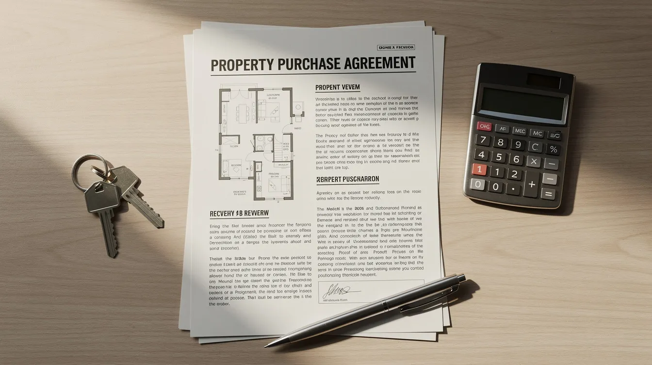 The image features a desk cluttered with property documents, a calculator, house keys, and a pen, all set for a review session focused on real estate investment. This setup is ideal for real estate investors considering hard money loans or traditional bank loans for purchasing investment properties.