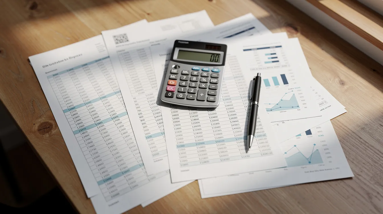 The image shows a collection of financial documents, including bank statements and a calculator, arranged on a wooden desk, illustrating a typical scene of personal finance management, possibly related to 清 數 and 二線 財務 公司. The materials suggest a focus on budgeting, tracking expenses, and planning for loan repayments.