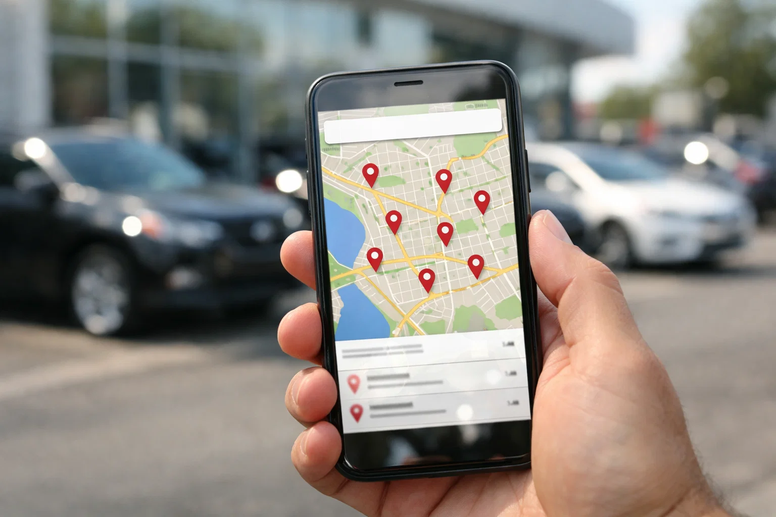 Person using a smartphone map to find nearby car dealerships in their local area.