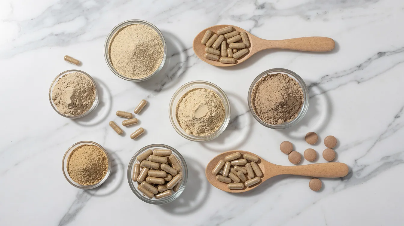 The image features an assortment of mushroom supplement capsules and powders neatly arranged on a clean white marble surface, highlighting the potential skincare benefits of mushrooms, such as promoting skin elasticity and protecting the skin's natural barrier function. This visually appealing composition emphasizes the role of functional mushrooms in enhancing overall skin health and addressing specific skin concerns.