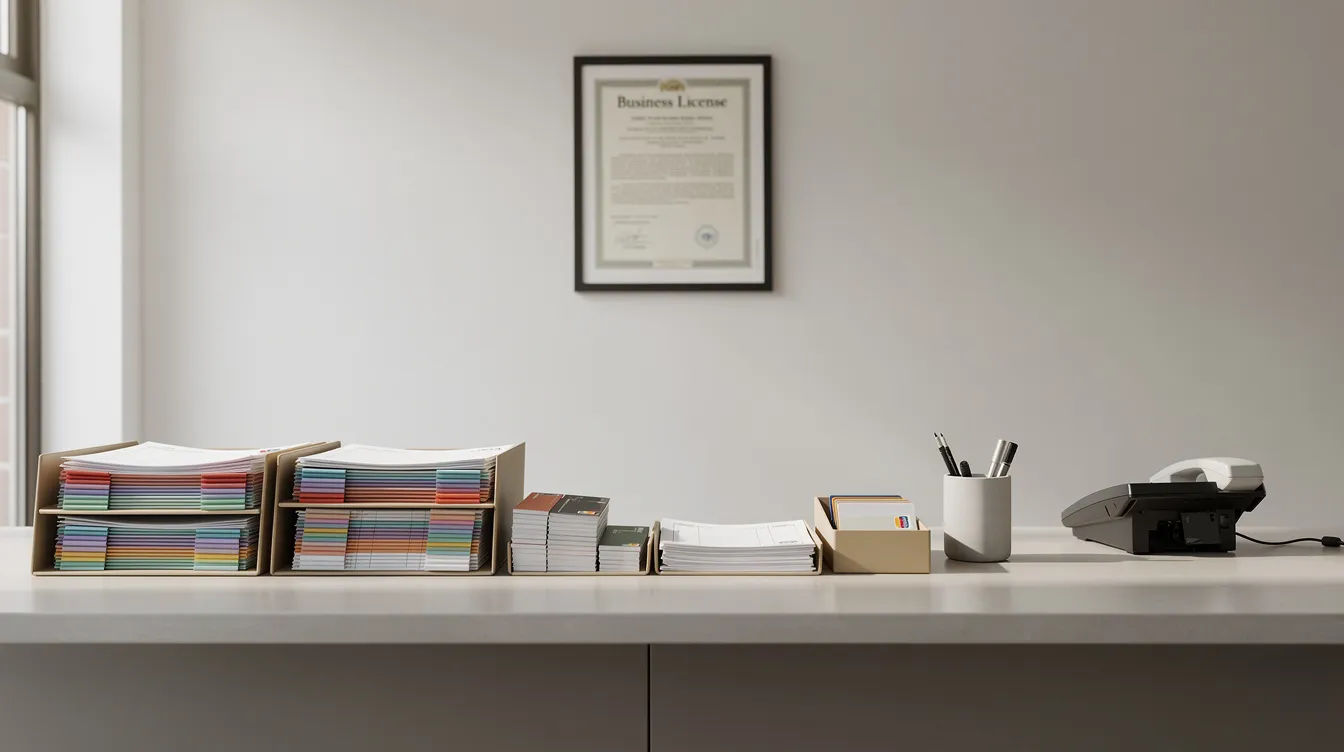 The image depicts a tidy shop counter featuring neatly organized files and invoices, with a visible business license displayed on the wall, highlighting the importance of proper documentation for business operations and financing, such as mudra loan applications and business registration. This setting reflects a professional environment conducive to managing business transactions efficiently.