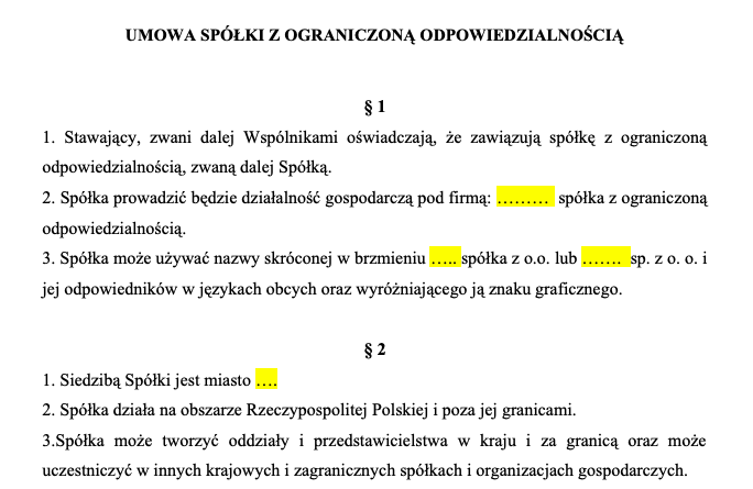 Umowa spółki z o.o. u notariusza. BEZPŁATNY WZÓR z omówieniem – Krok po kroku 8 umowa spółki z oo – paragraf 1 i 2
