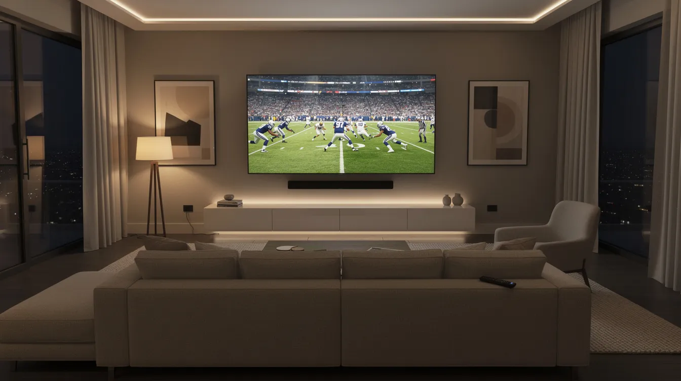 The image depicts a modern living room featuring a large smart TV displaying a live football match, with ambient lighting creating a cozy atmosphere. A streaming remote rests on the couch, highlighting the convenience of accessing various live TV channels through an IPTV service.