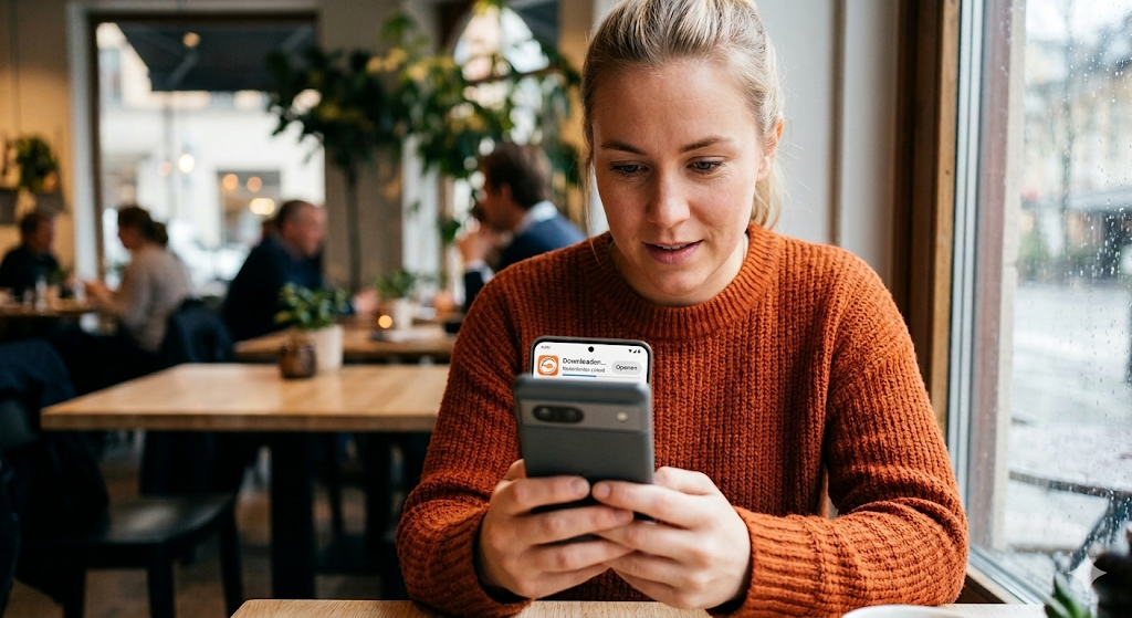 Vrouw die op haar android smartphone een casino app downloadt, voorbeeld van casino app downloaden via google play store, onderdeel van mobiel casino en online kansspelen op android apparaten.