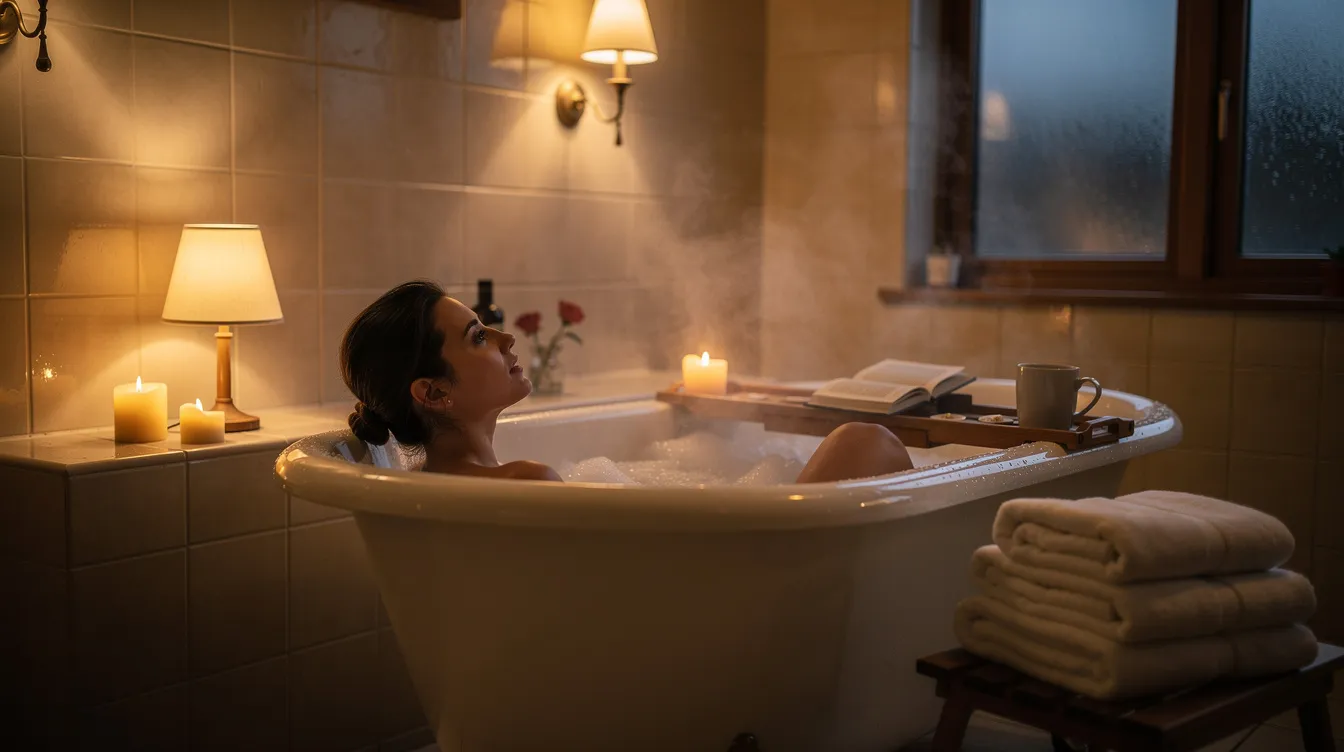 A person is relaxing in a warm bathtub, surrounded by softly lit ambiance in the bathroom. The warm bath promotes a comfortable sleep environment, helping to regulate body temperature and potentially enhance sleep quality.